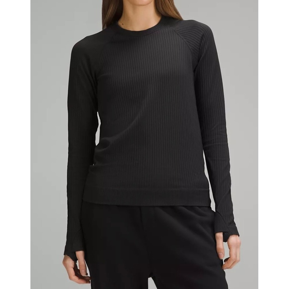 Lululemon Rest Less Pullover Black Ribbed Long‎ Sleeve Thumbhole Women Sz M